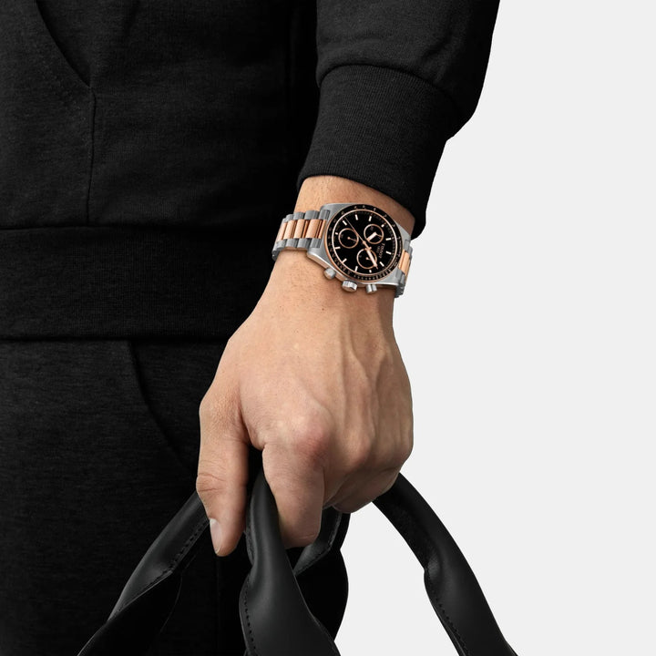 Tissot PR516 Chronograph 40mm Quartz Watch – Black Dial Two-Tone Leather Strap