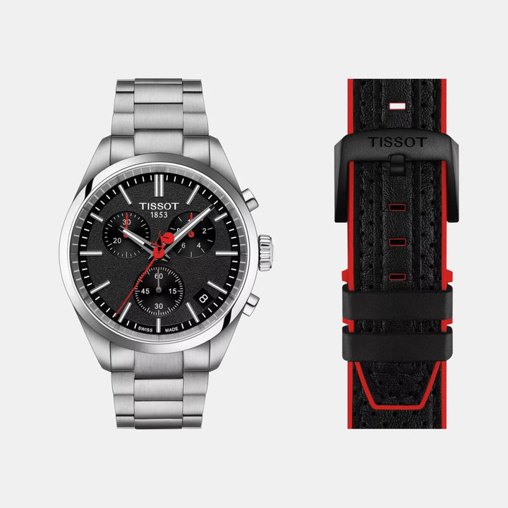 Tissot PR 100 Chronograph 40mm Quartz Watch – Black Dial Leather Strap