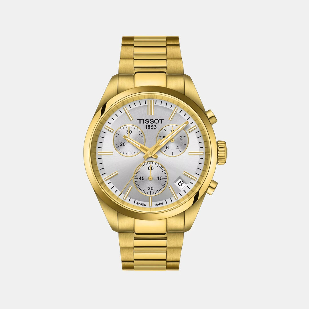 Tissot PR 100 Chronograph 40mm Quartz Watch – Silver Dial Yellow Gold PVD