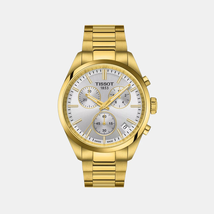 Tissot PR 100 Chronograph 40mm Quartz Watch – Silver Dial Yellow Gold PVD