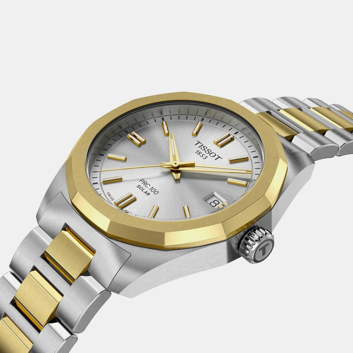 Tissot PRC 100 Solar 34mm Silver Dial Two-Tone Bracelet